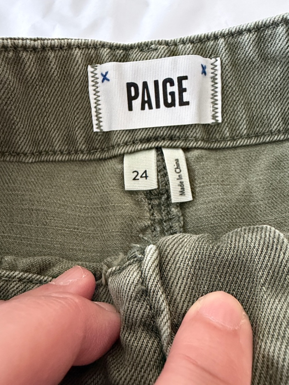 PAIGE Olive Green Frayed-Hem Denim Shorts - Picture 2 of 8